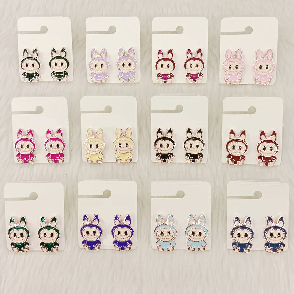 Dhwani Cartoon Style Colorful Labubu Meenakari Studs Earrings(Pack of 12)