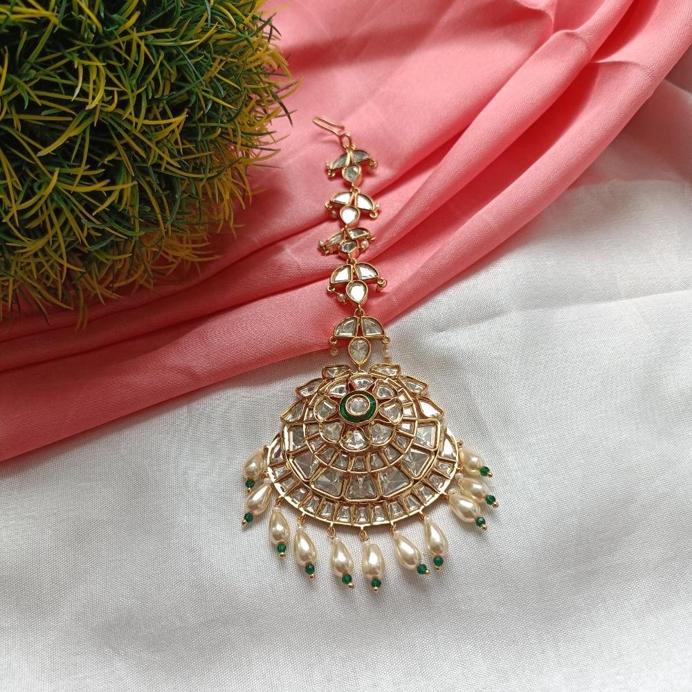 Arham Gold Plated Polki Kundan And Meenakari Pearl Beads Maangtikka
