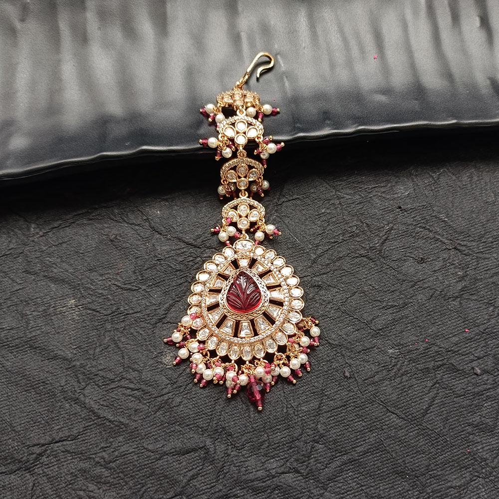 Arham Gold Plated Polki Kundan And Pearl Beads Maangtikka