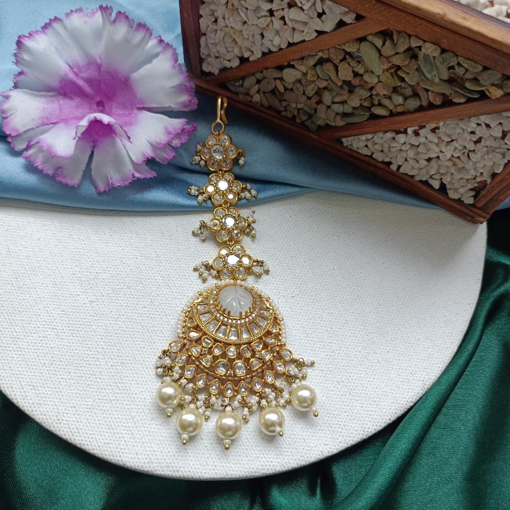 Arham Gold Plated Polki Kundan And Pearl Beads Maangtikka