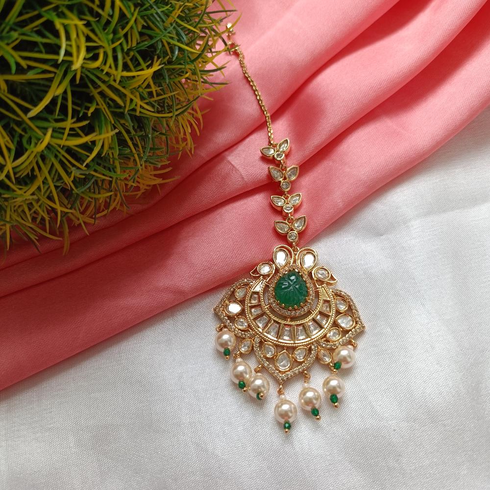 Arham Gold Plated Polki Kundan And Pearl Beads Maangtikka