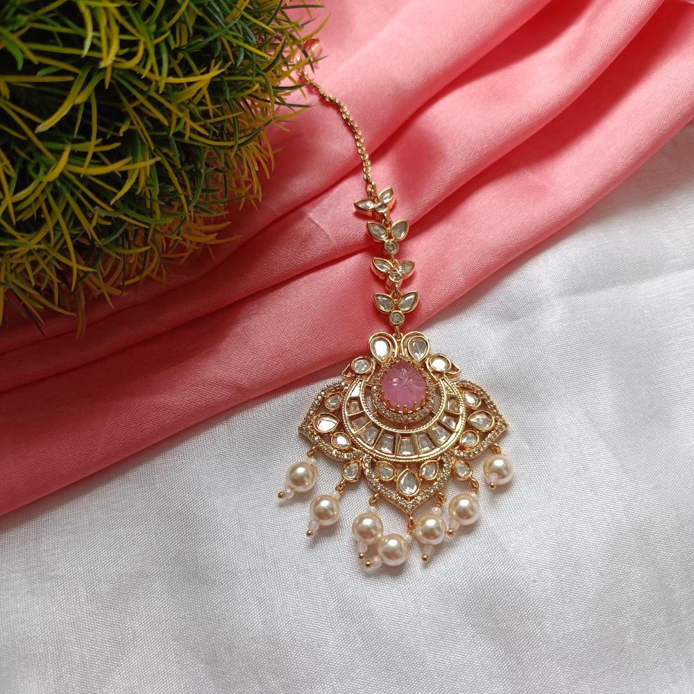 Arham Gold Plated Polki Kundan And Pearl Beads Maangtikka