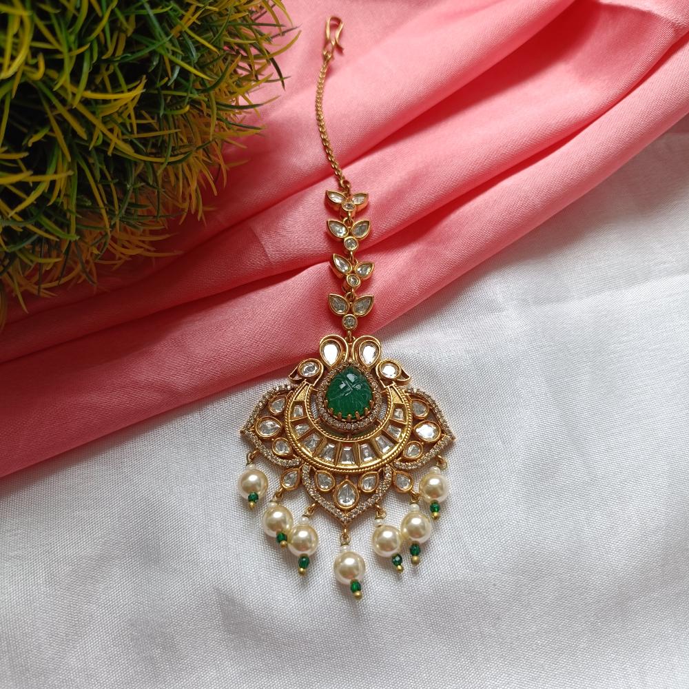 Arham Gold Plated Polki Kundan And Pearl Beads Maangtikka