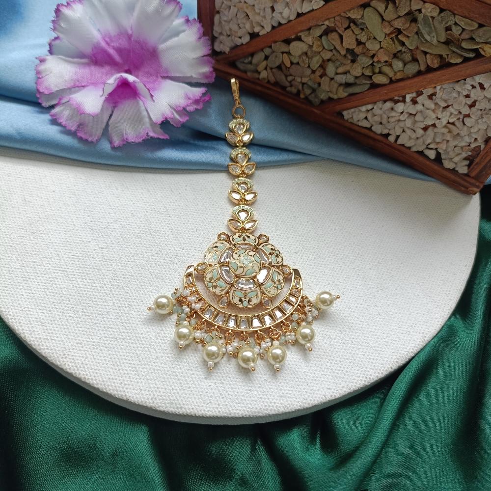 Arham Gold Plated Polki Kundan And Meenakari Pearl Beads Maangtikka