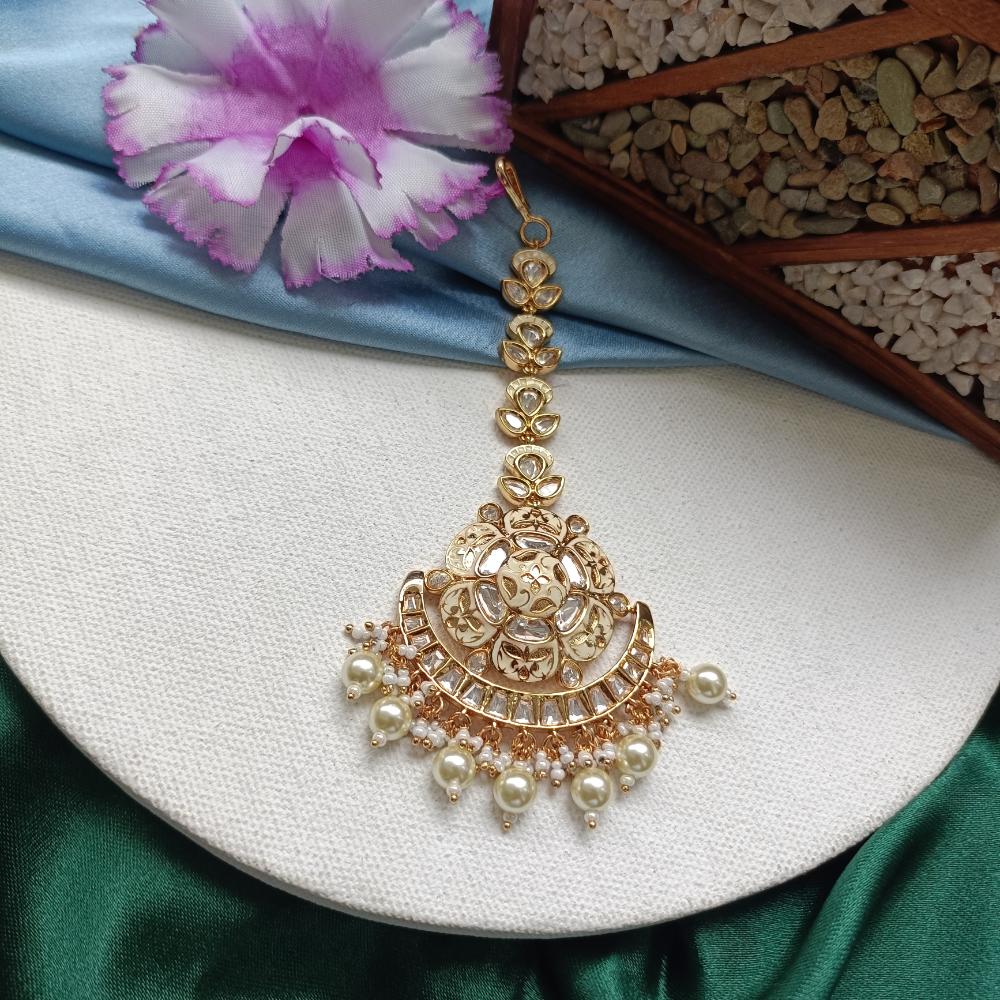 Arham Gold Plated Polki Kundan And Meenakari Pearl Beads Maangtikka