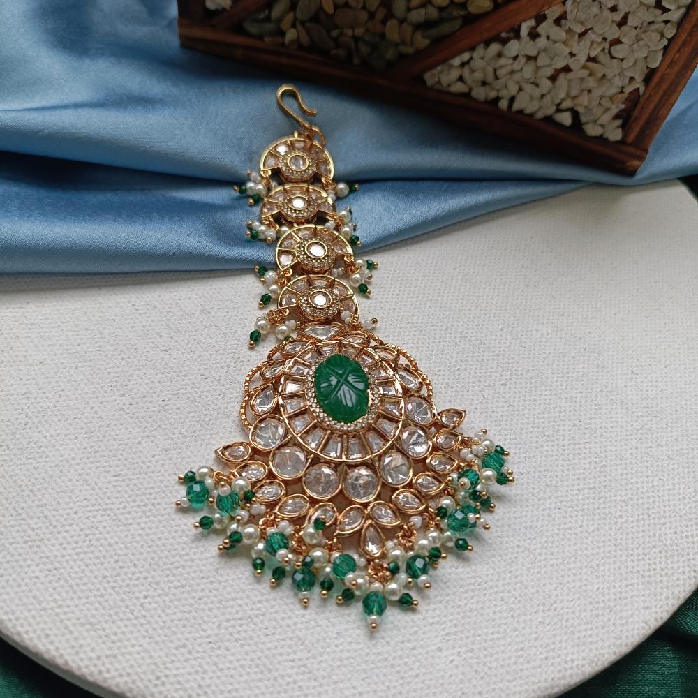 Arham Gold Plated Polki Kundan And Pearl Beads Maangtikka