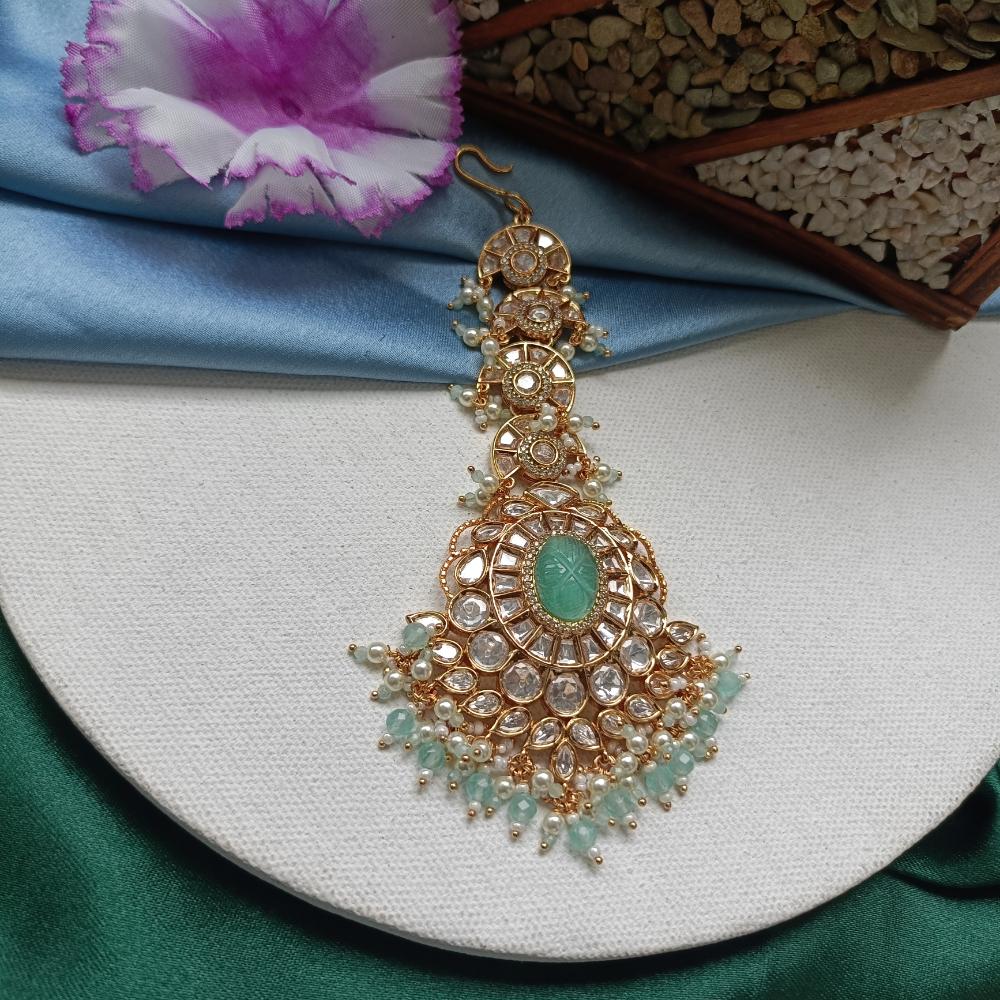 Arham Gold Plated Polki Kundan And Pearl Beads Maangtikka