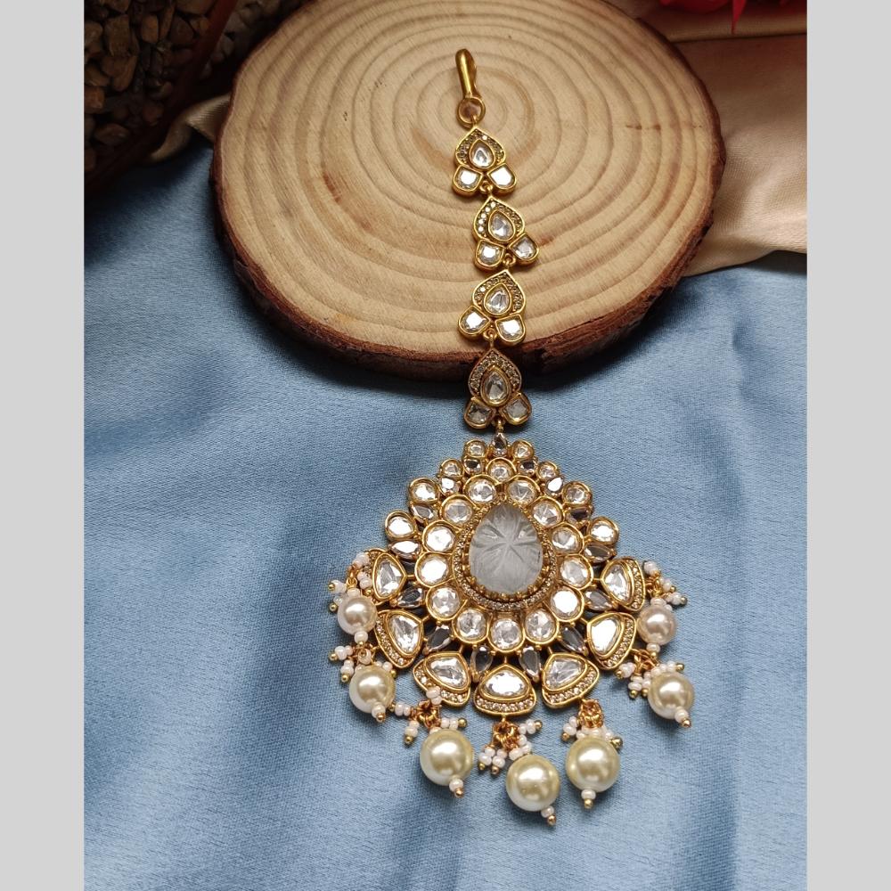 Arham Gold Plated Polki Kundan And Pearl Beads Maangtikka