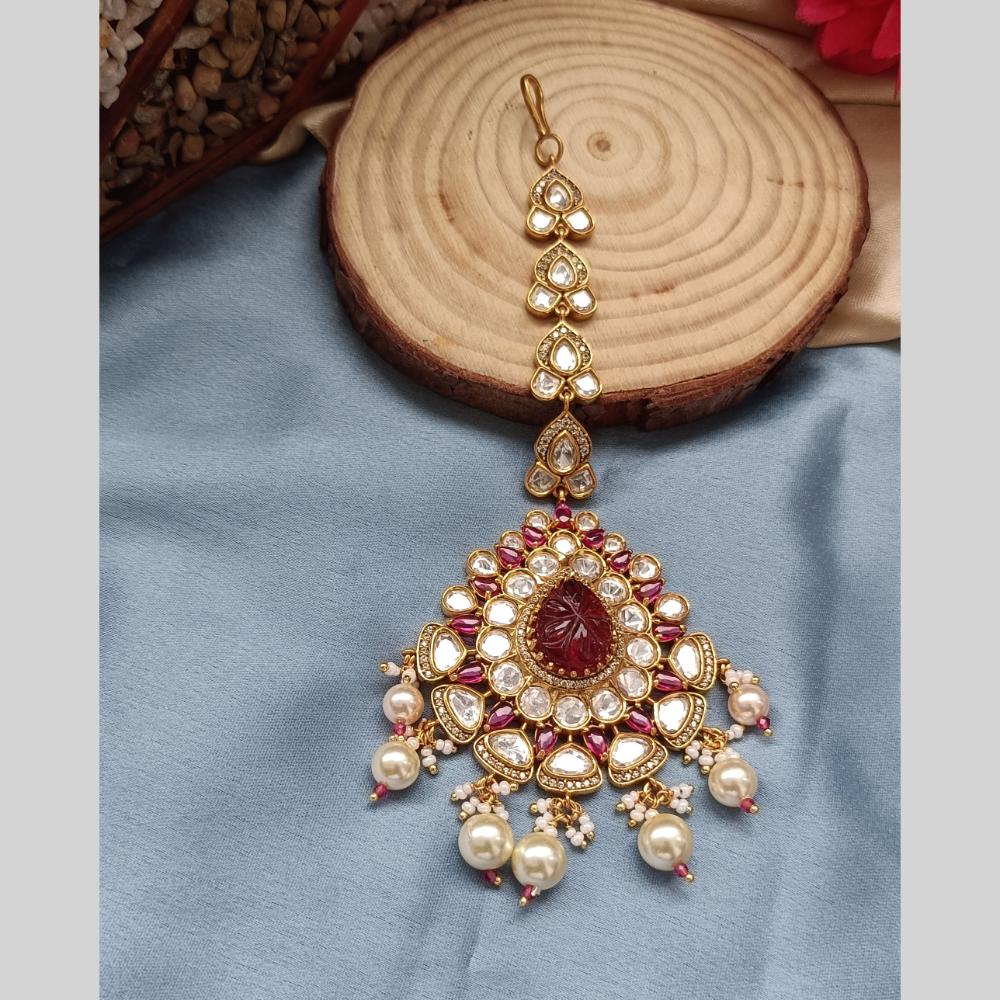 Arham Gold Plated Polki Kundan And Pearl Beads Maangtikka