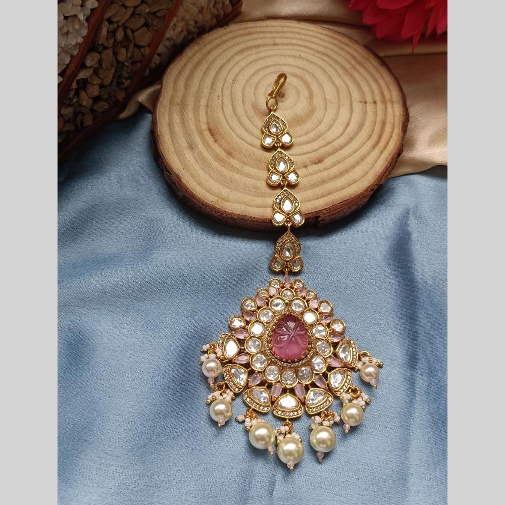 Arham Gold Plated Polki Kundan And Pearl Beads Maangtikka