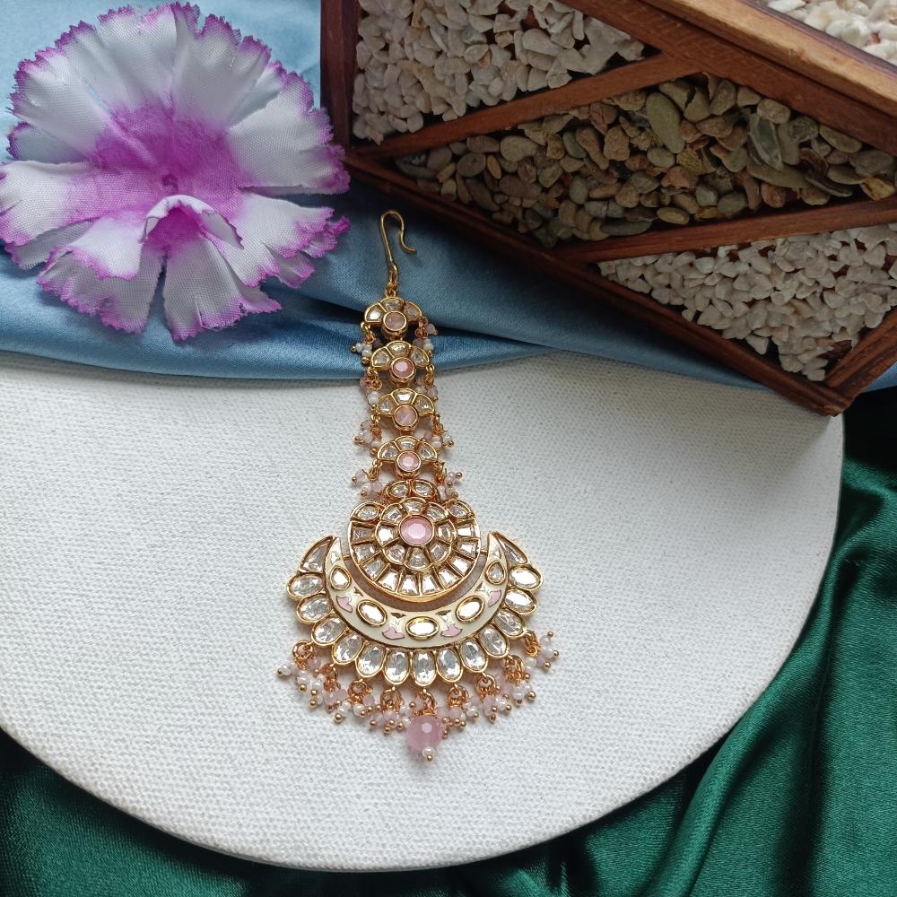 Arham Gold Plated Polki Kundan And Meenakari Pearl Beads Maangtikka