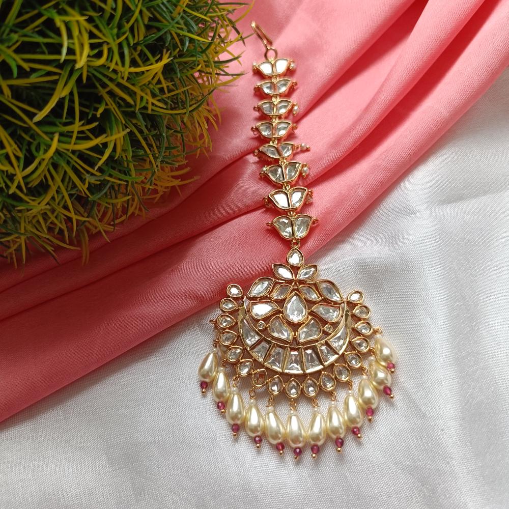 Arham Gold Plated Polki Kundan And Pearl Beads Maangtikka