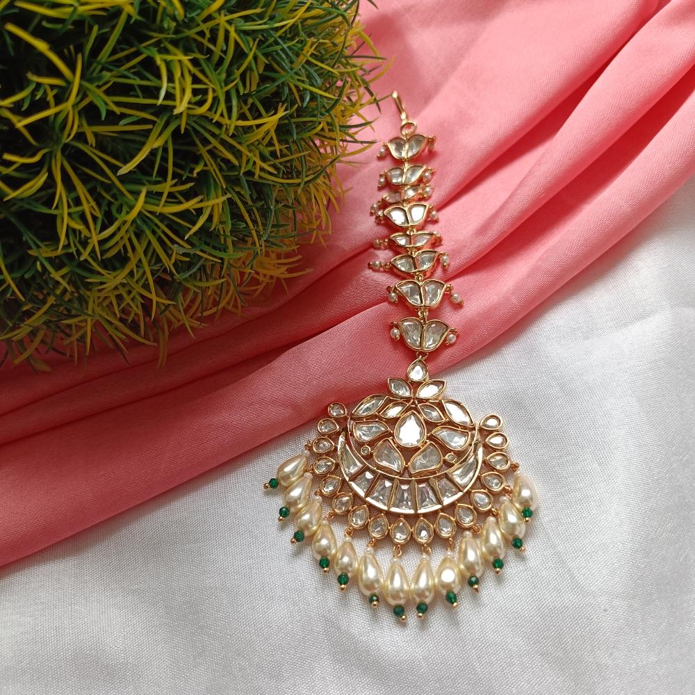 Arham Gold Plated Polki Kundan And Pearl Beads Maangtikka