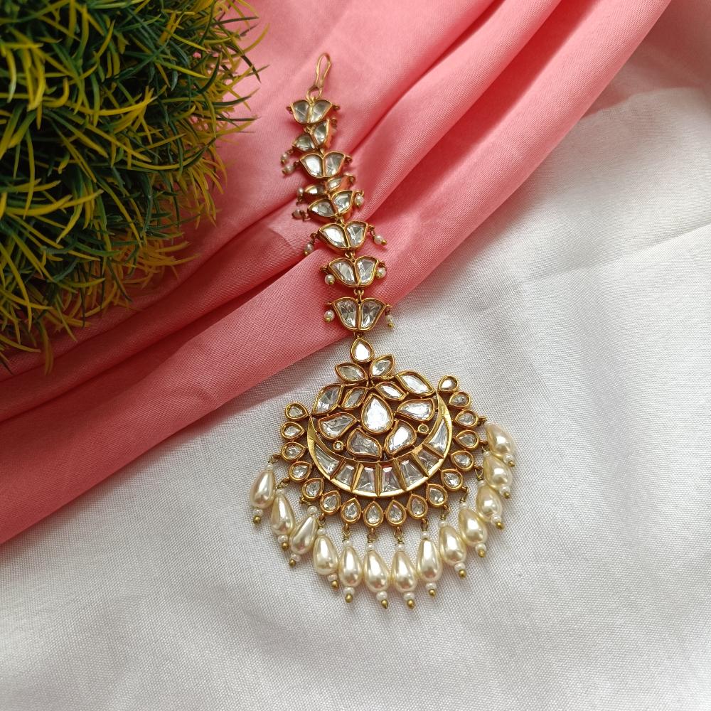Arham Gold Plated Polki Kundan And Pearl Beads Maangtikka