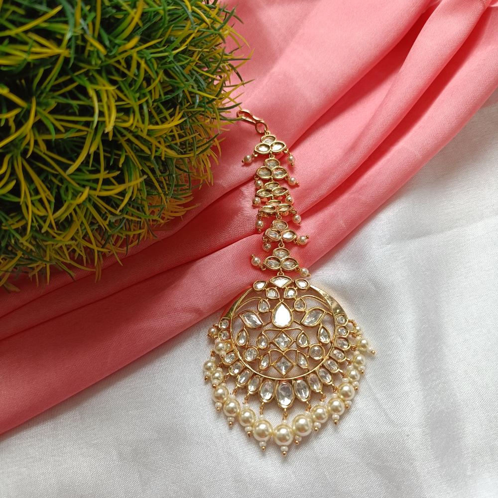 Arham Gold Plated Polki Kundan And Pearl Beads Maangtikka