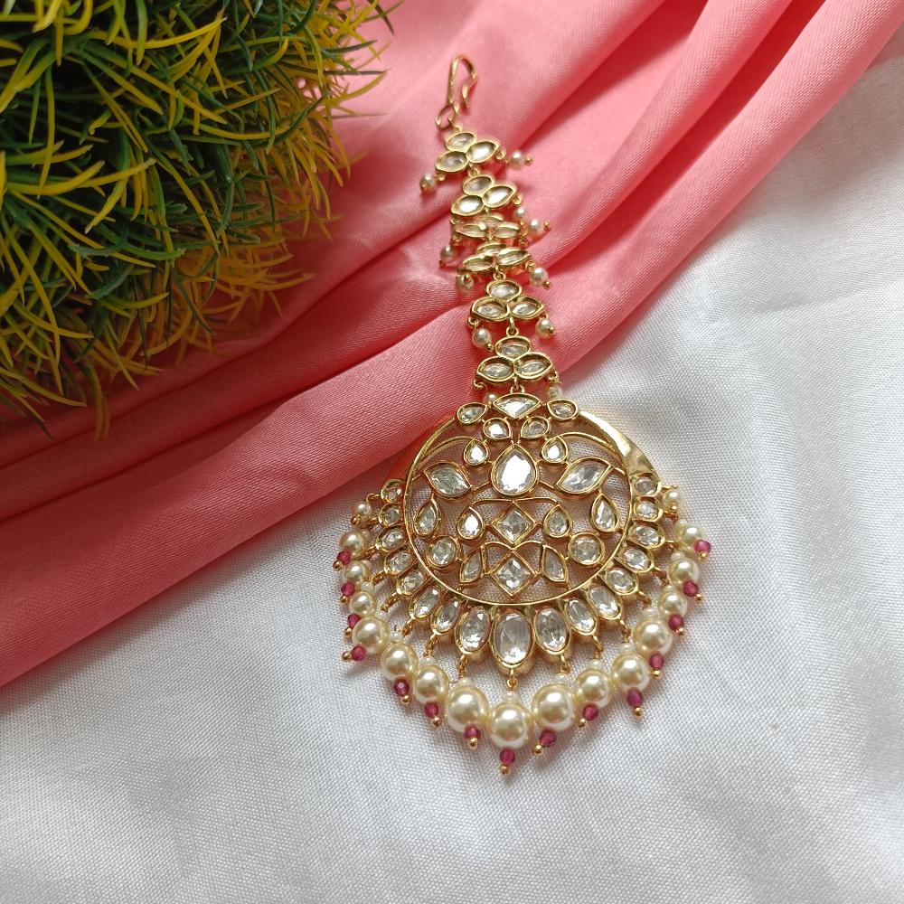 Arham Gold Plated Polki Kundan And Pearl Beads Maangtikka
