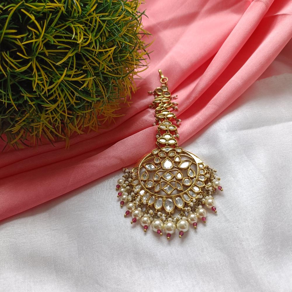 Arham Gold Plated Polki Kundan And Pearl Beads Maangtikka