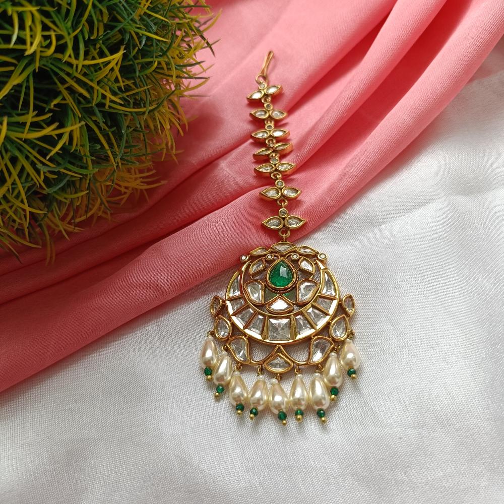Arham Gold Plated Polki Kundan And Pearl Beads Maangtikka