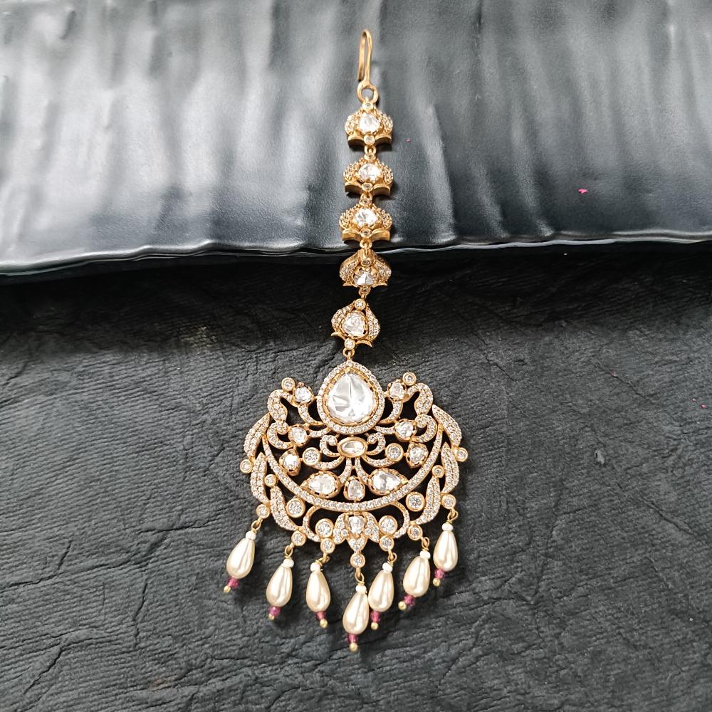 Arham Gold Plated Polki Kundan And Pearl Beads Maangtikka