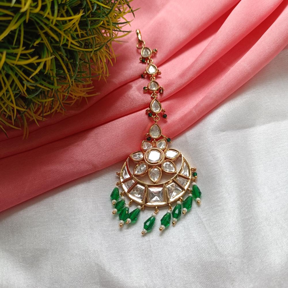 Arham Gold Plated Polki Kundan And Pearl Beads Maangtikka