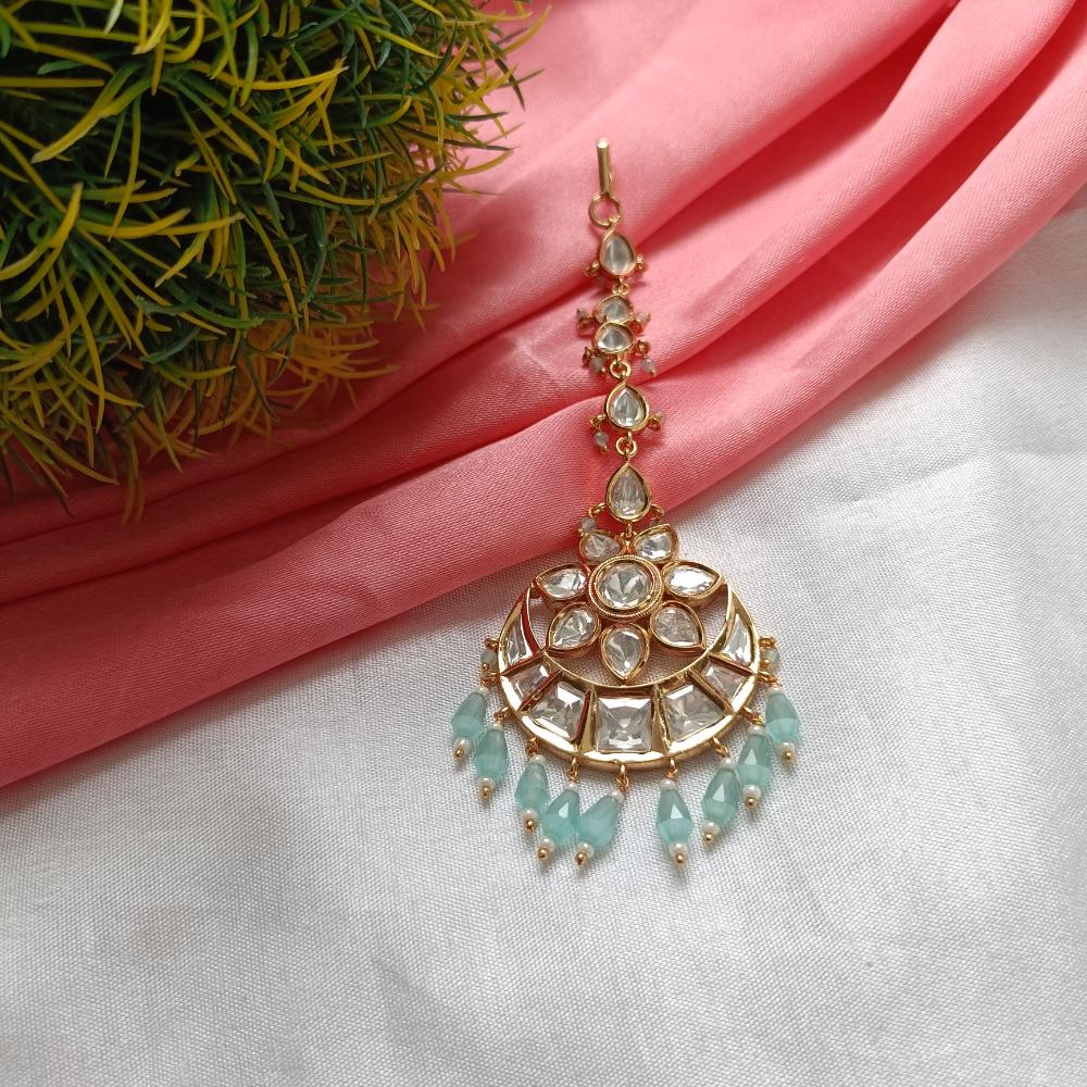 Arham Gold Plated Polki Kundan And Pearl Beads Maangtikka