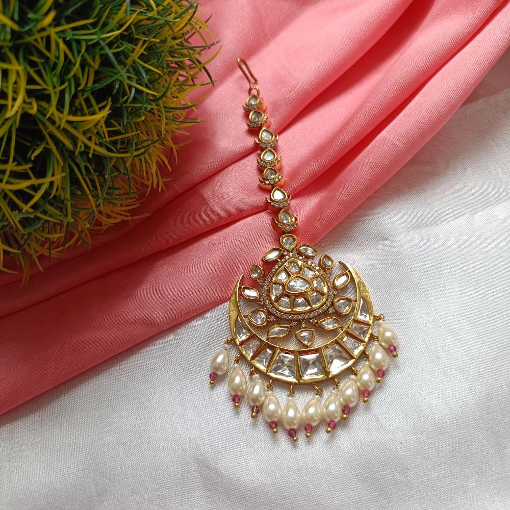 Arham Gold Plated Polki Kundan And Pearl Beads Maangtikka