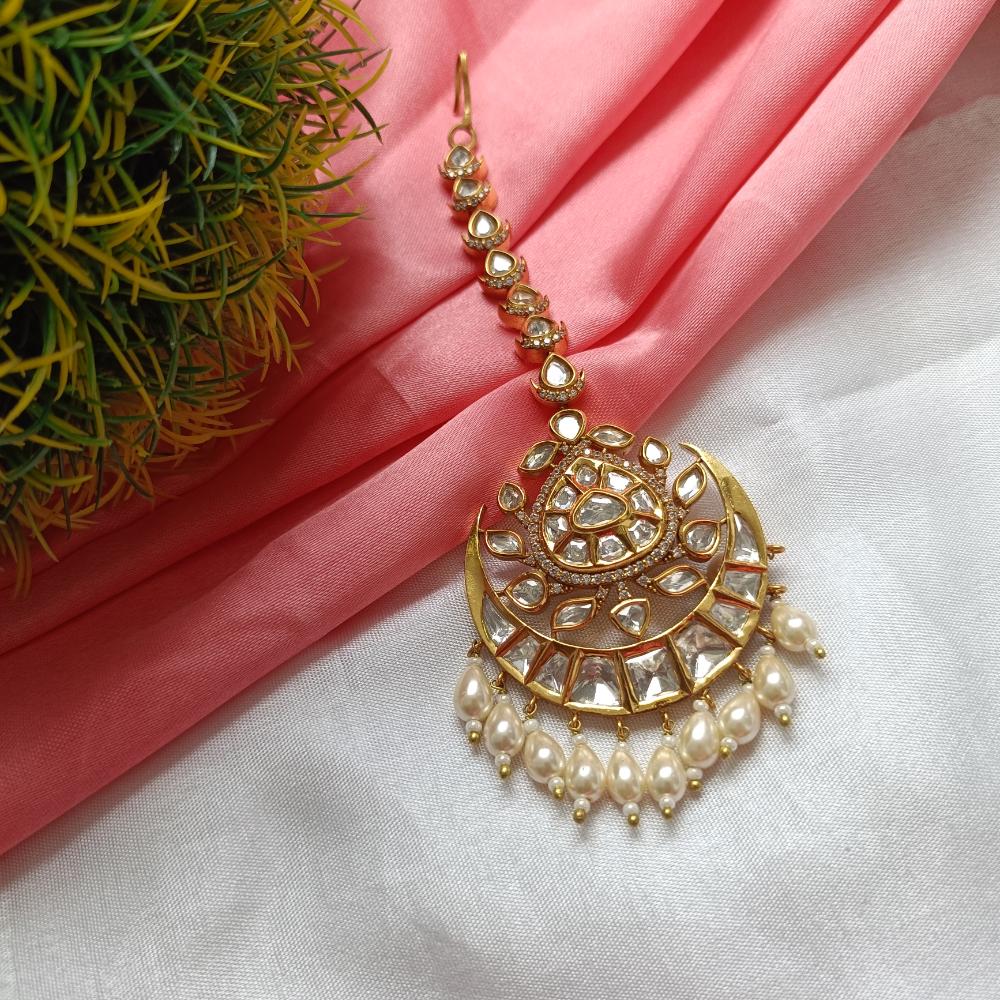 Arham Gold Plated Polki Kundan And Pearl Beads Maangtikka