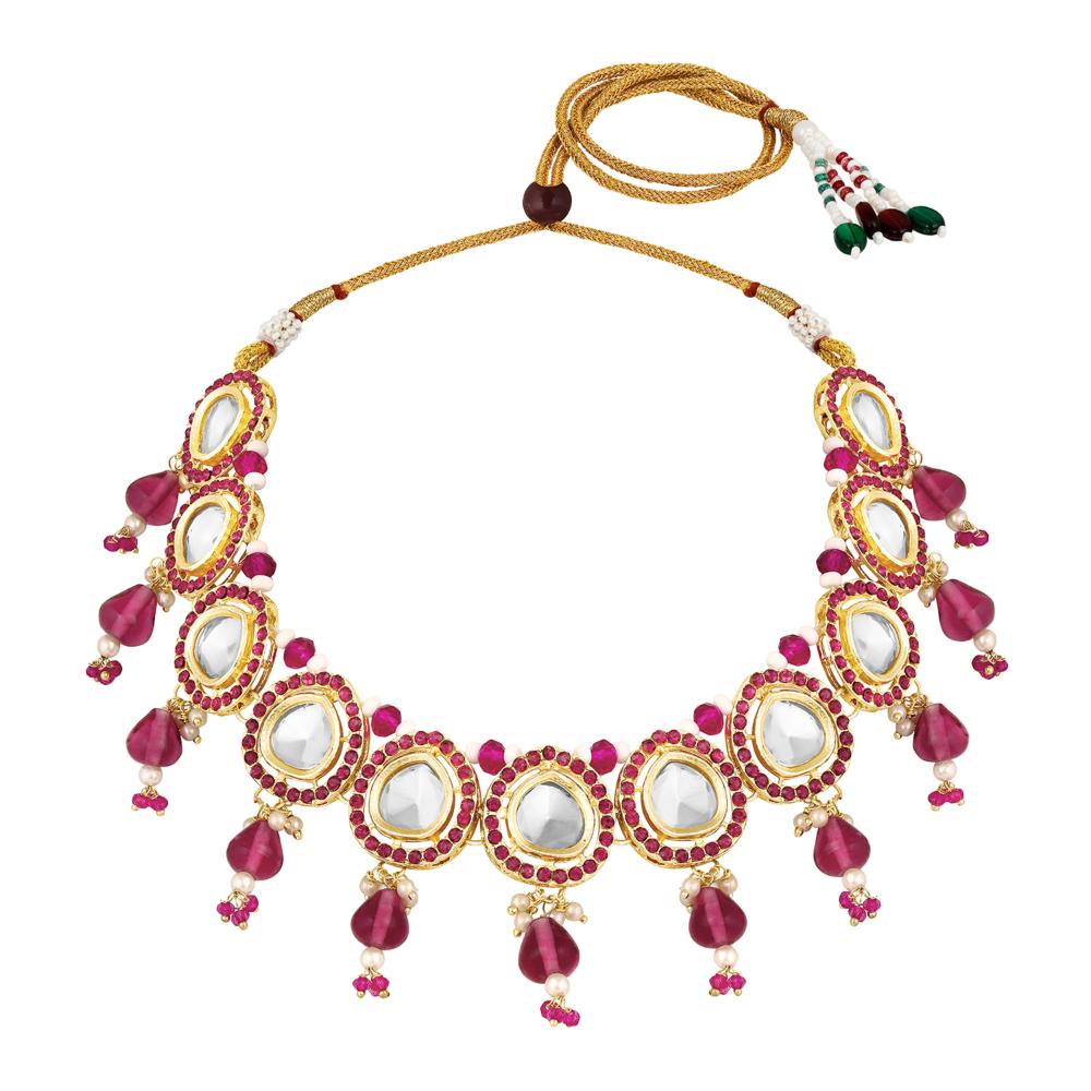 Mahi Traditional Necklace Set Adjustale Finger Ring with Red Kundan & Meenakari Work for Women (VNCJ4009)