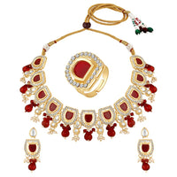 Mahi Traditional Necklace Set Adjustale Finger Ring with Red Kundan & Crystals for Women (VNCJ4031)