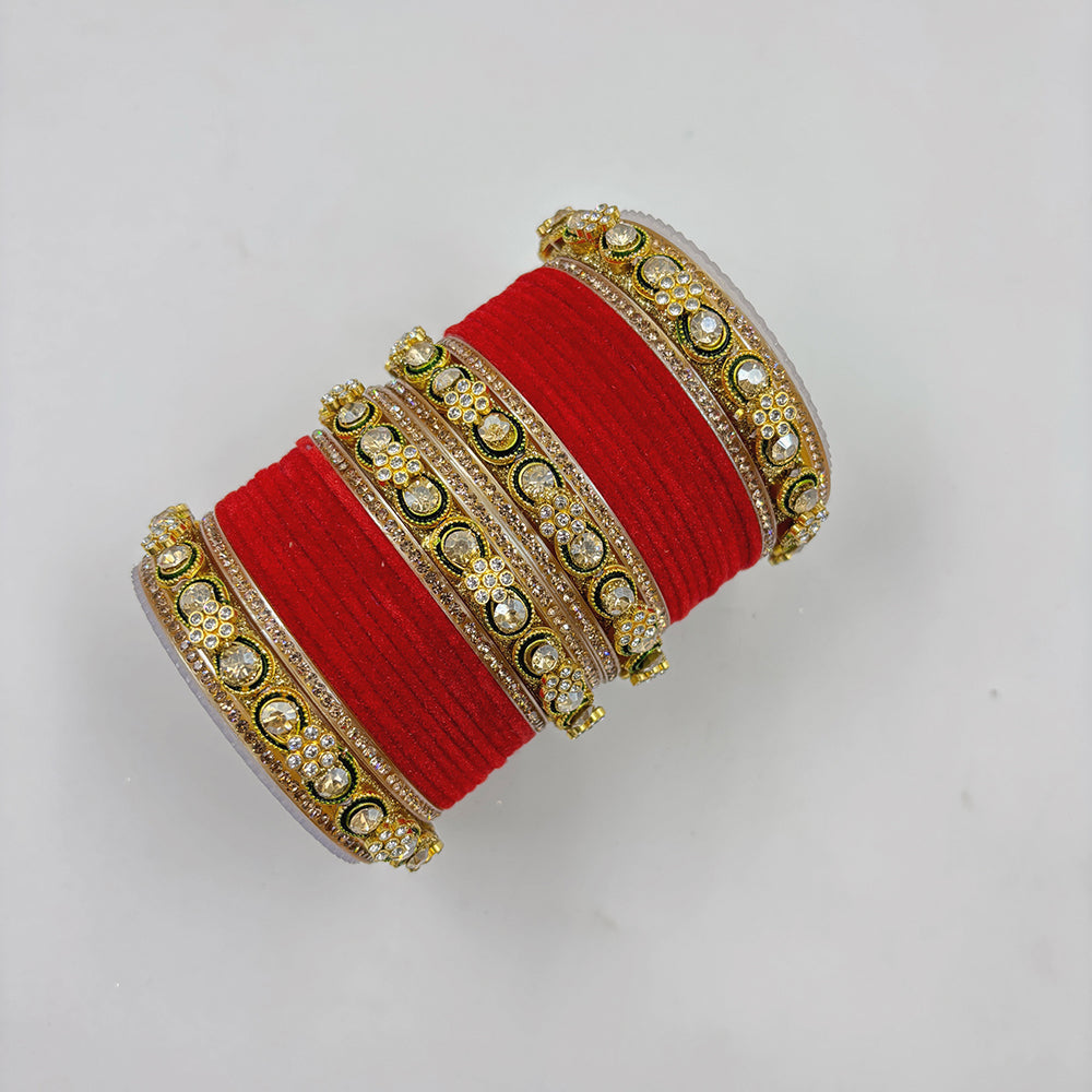 Wedding Chuda Gold Plated Austrian Stone And Velvet Bridal Bangles Set