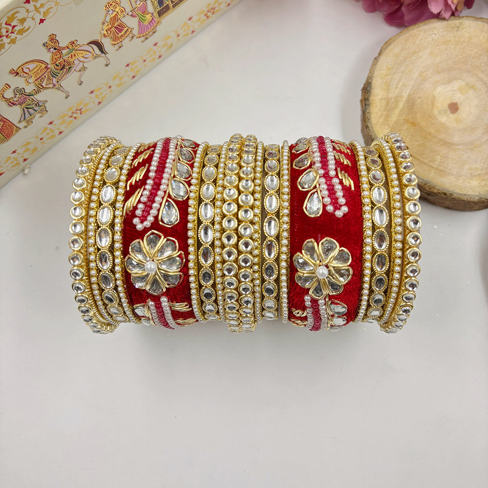 Wedding Chuda Gold Plated Kundan Stone Pearl Bangles Set