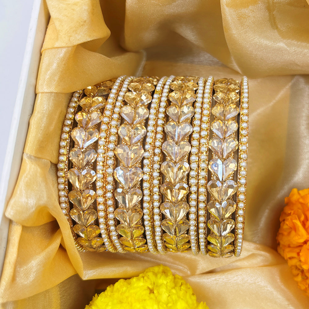 Wedding Chuda Gold Plated Crystal Stone And Pearl Bangles Set