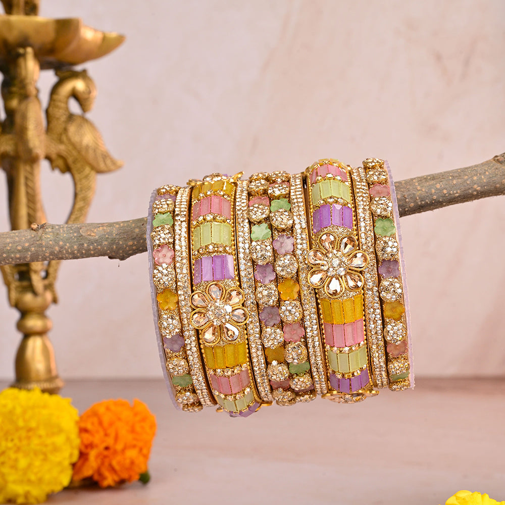 Wedding Chuda Gold Plated Crystal Stone And Austrian Stone Bangles Set