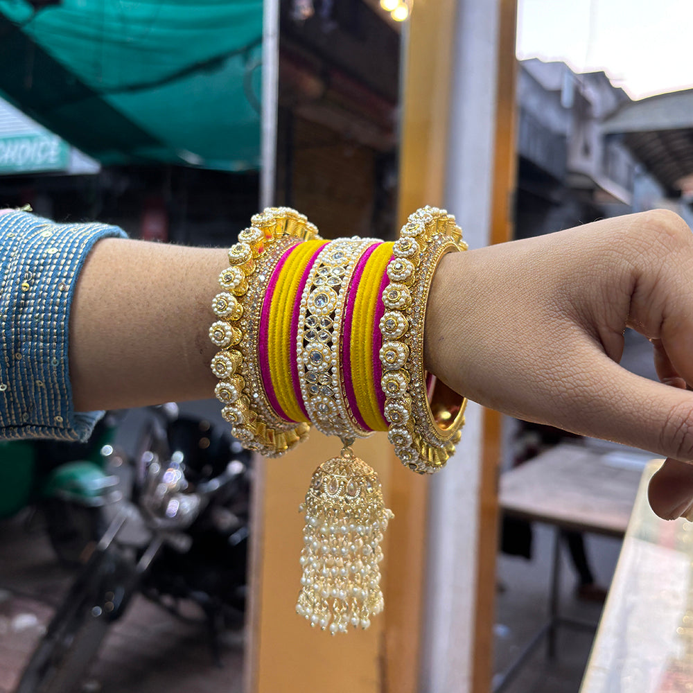 Wedding Chuda Gold Plated Crystal Stone And Pearl Velvet Bangles Set