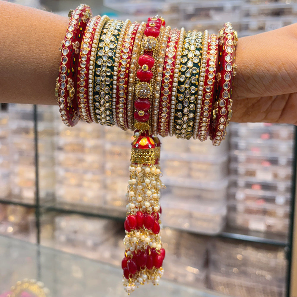 Wedding Chuda Gold Plated Kundan Stone And Pearl Bangles Set