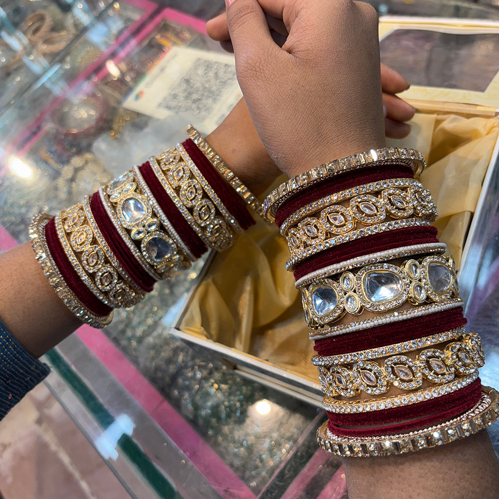 Wedding Chuda Gold Plated Kundan Stone And Pearl Velvet Bridal Bangles Set