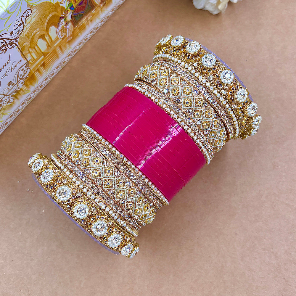 Wedding Chuda Gold Plated Austrian Stone And Pearl Acrylic Bangles Set