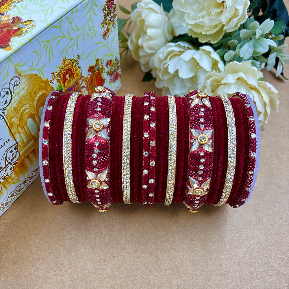 Wedding Chuda Gold Plated Austrian Stone Velvet Bridal Bangles Set