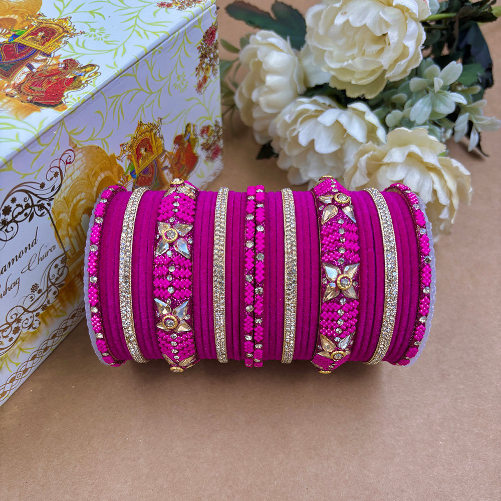 Wedding Chuda Gold Plated Austrian Stone Velvet Bridal Bangles Set