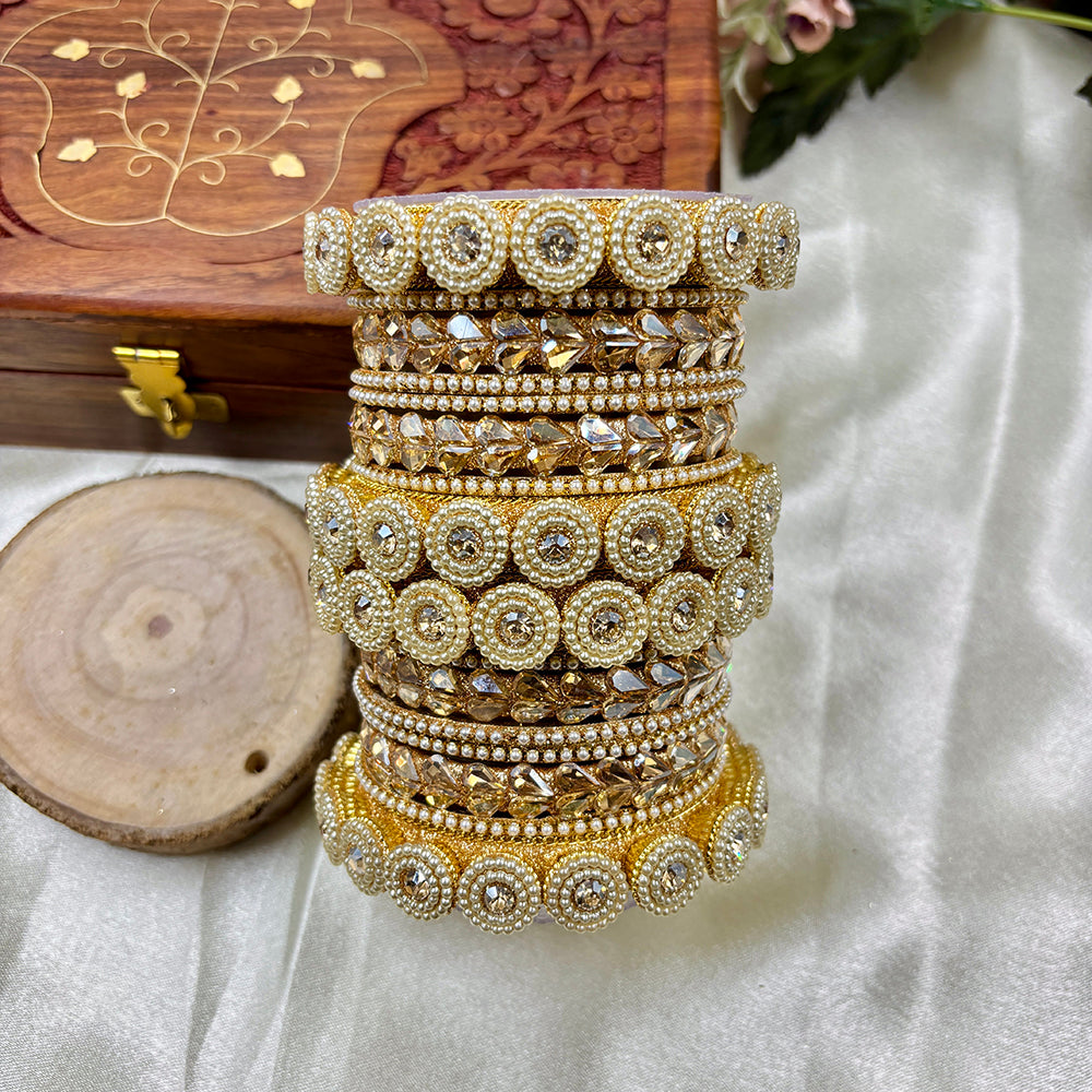 Wedding Chuda Gold Plated Crystal And Pearl Bangles Set