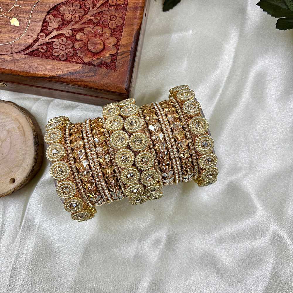 Wedding Chuda Gold Plated Crystal And Pearl Bangles Set