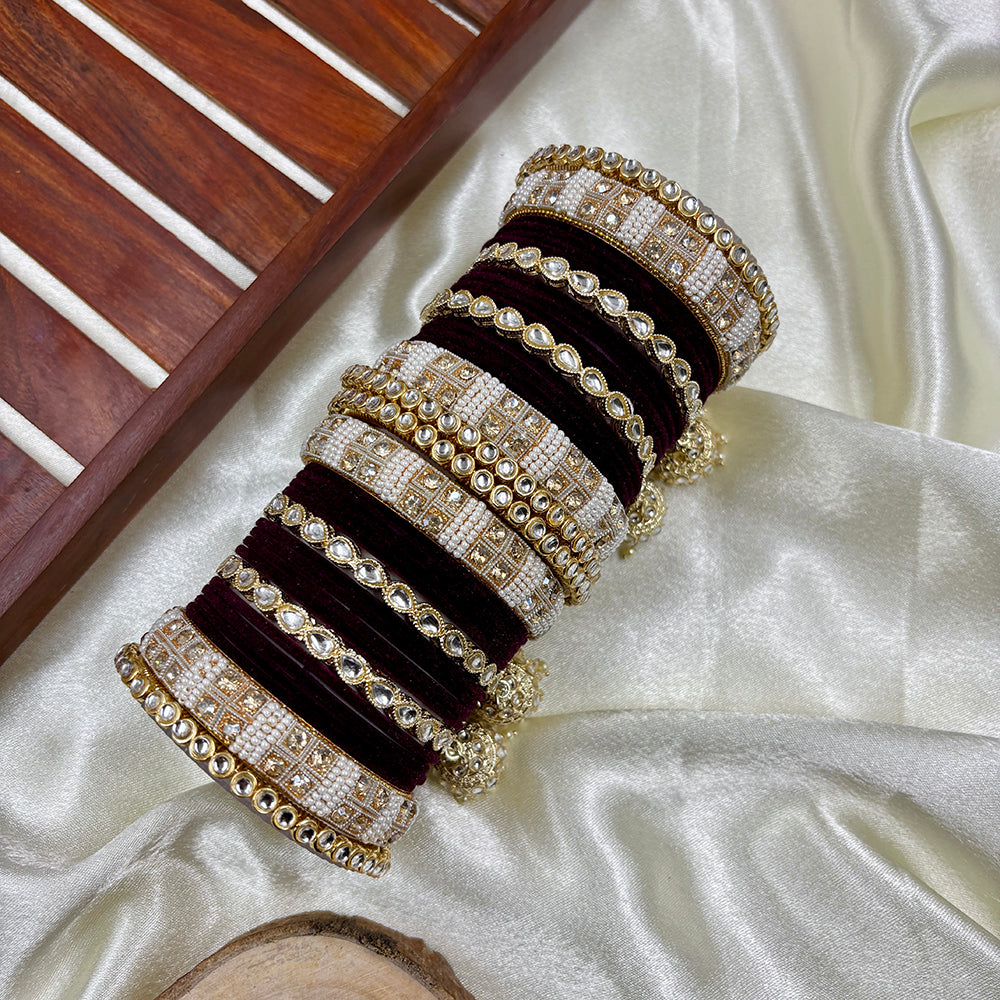 Wedding Chuda Gold Plated Kundan Stone And Pearl Velvet Bangles Set