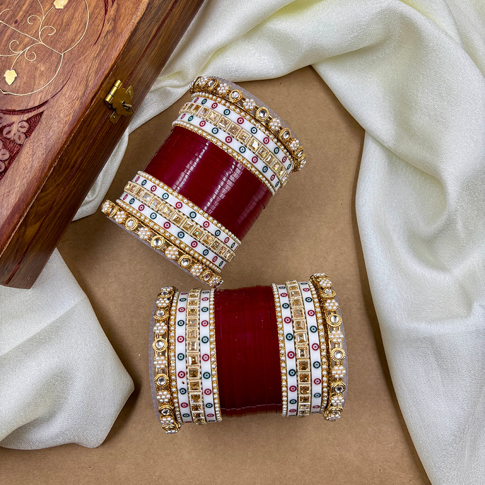 Wedding Chuda Gold Plated Kundan Stone And Pearls Bangles Set