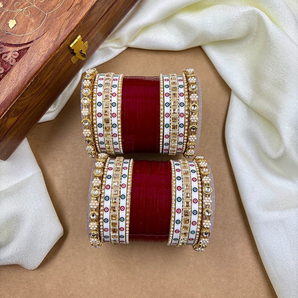Wedding Chuda Gold Plated Kundan Stone And Pearls Bangles Set