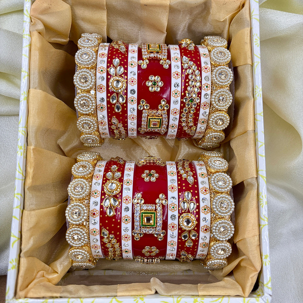 Wedding Chuda Gold Plated Kundan Stone And Pearl Acrylic Bangles Set