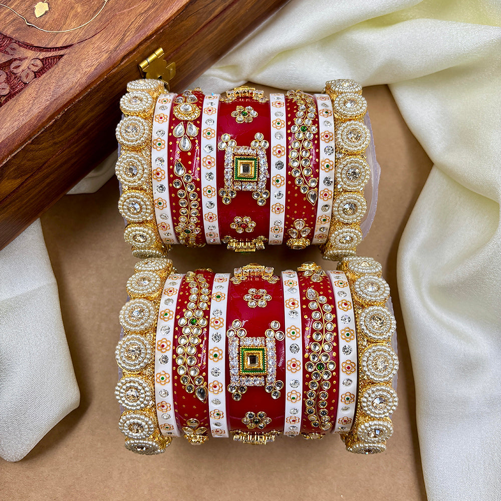 Wedding Chuda Gold Plated Kundan Stone And Pearl Acrylic Bangles Set