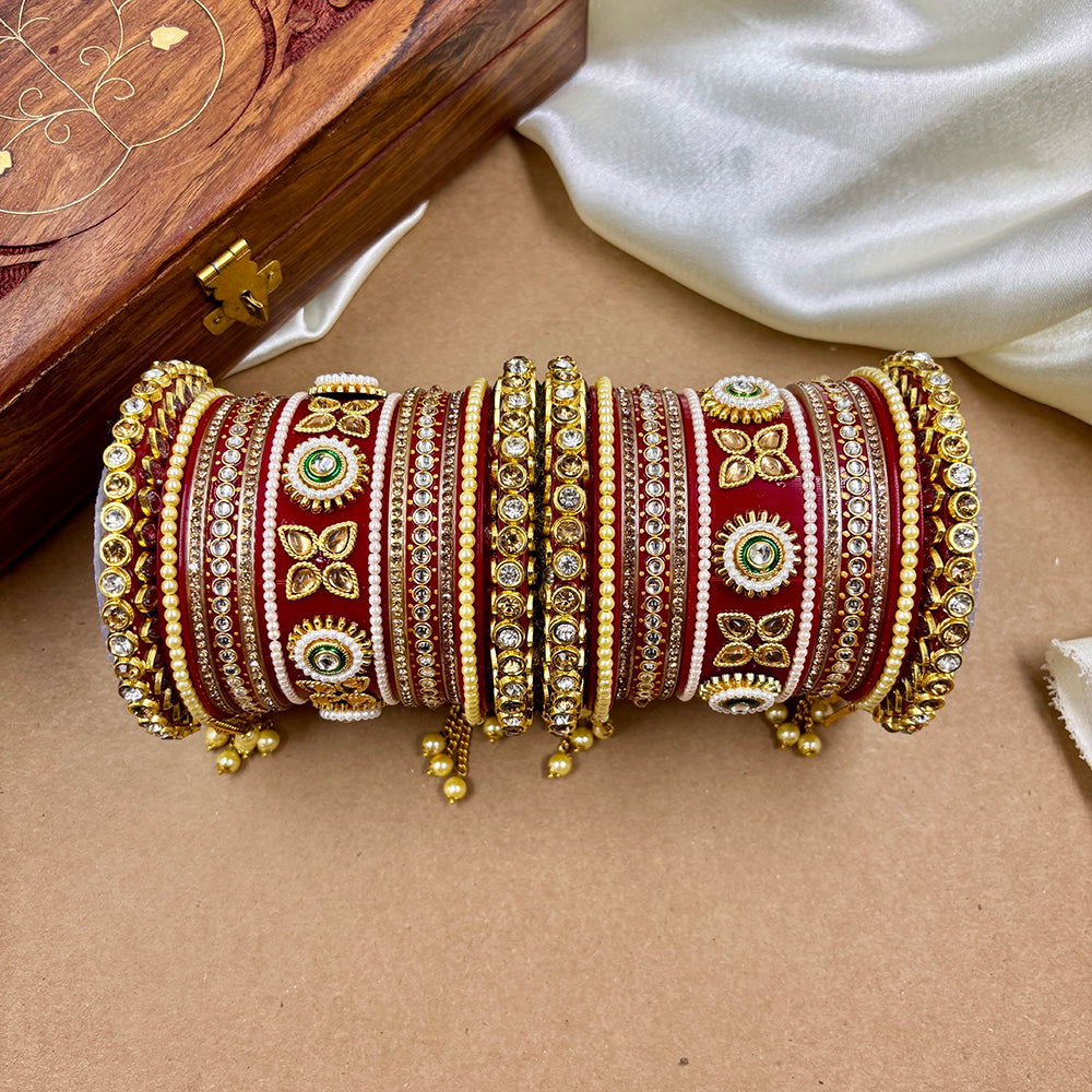 Wedding Chuda Gold Plated Kundan Stone And Austrian Stone Pearl Bangles Set