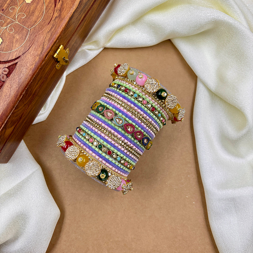 Wedding Chuda Gold Plated Kundan Stone And Austrian Stone Pearl Bangles Set