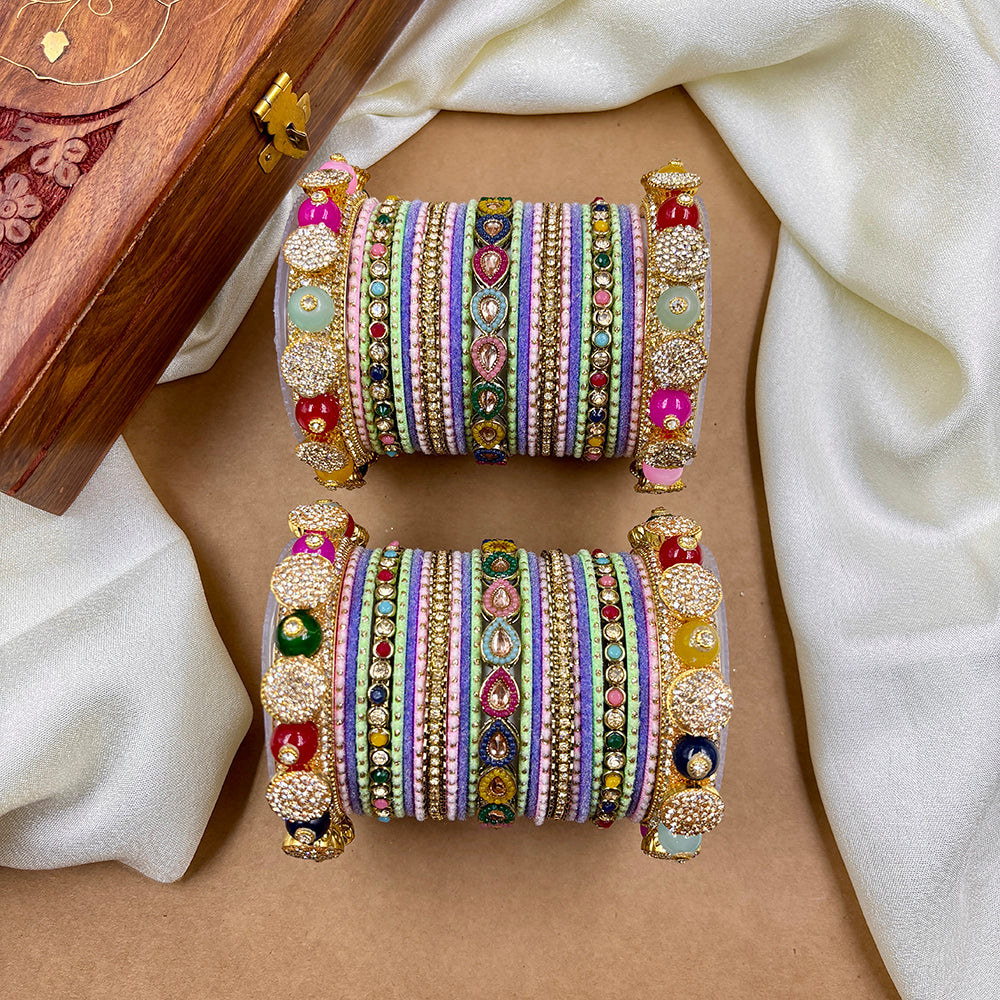 Wedding Chuda Gold Plated Kundan Stone And Austrian Stone Pearl Bangles Set