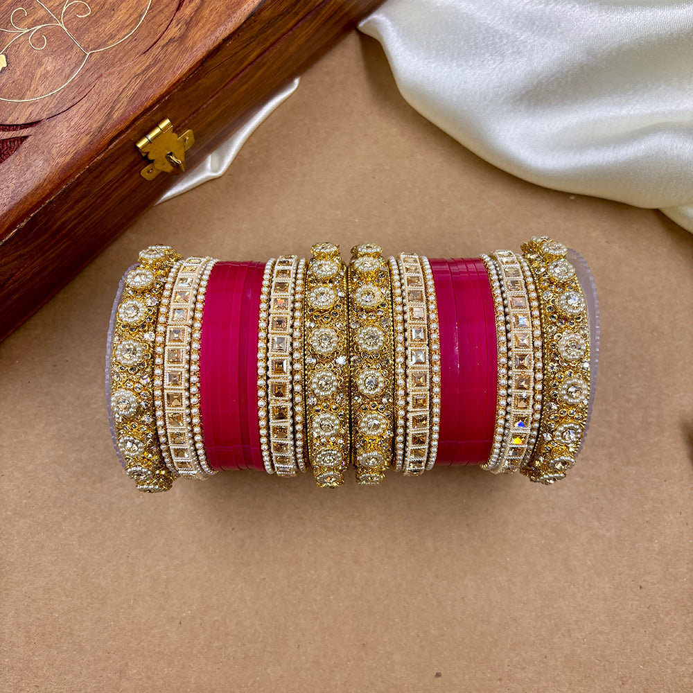 Wedding Chuda Gold Plated Austrian Stone And Pearl Bangles Set